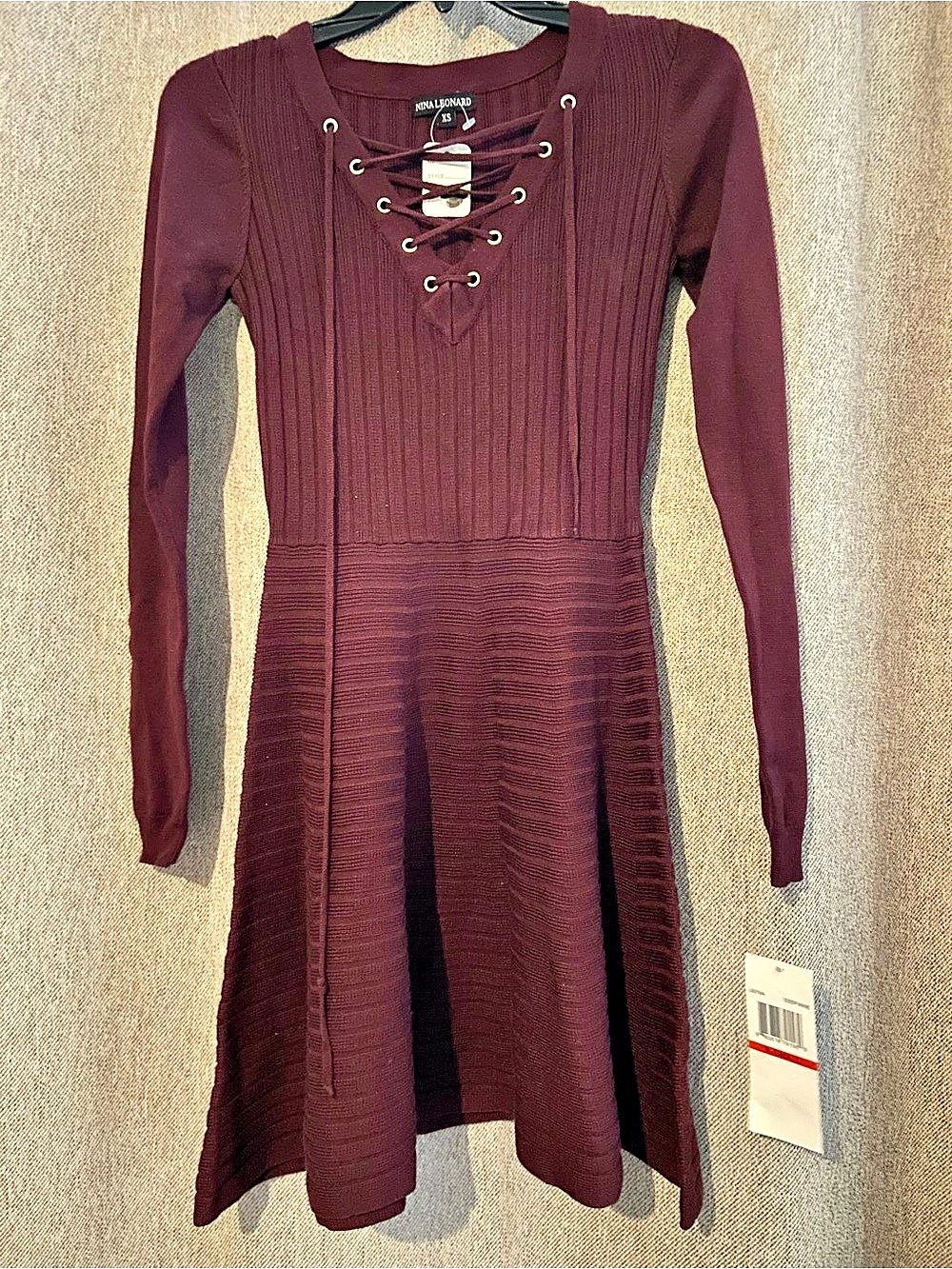 Nina Leonard Lace-Up Long Sleeve Mini Dress in Burgundy XS NWT